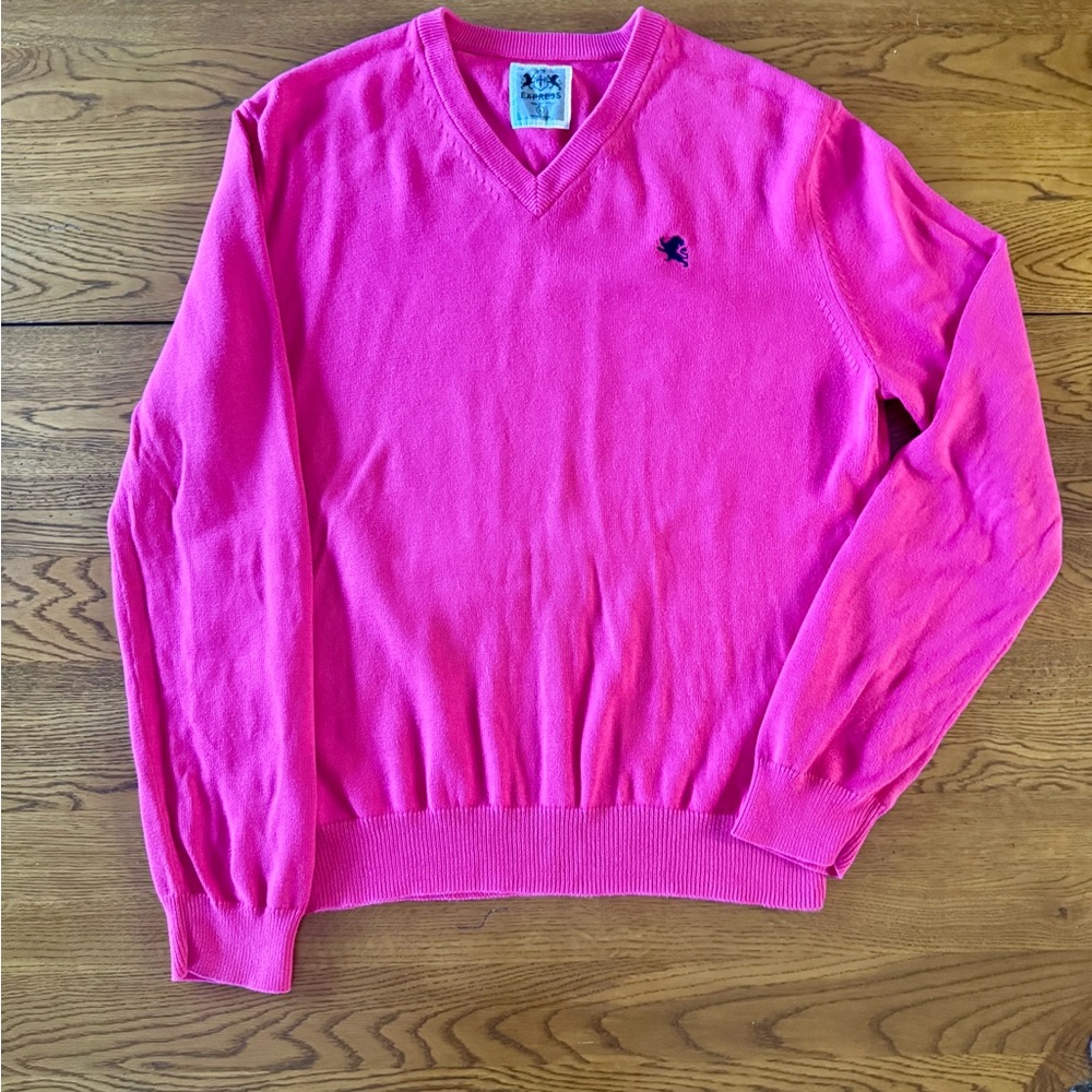 Express Cotton V-Neck Pink Sweater Large Golf Preppy October Pullover Men’s